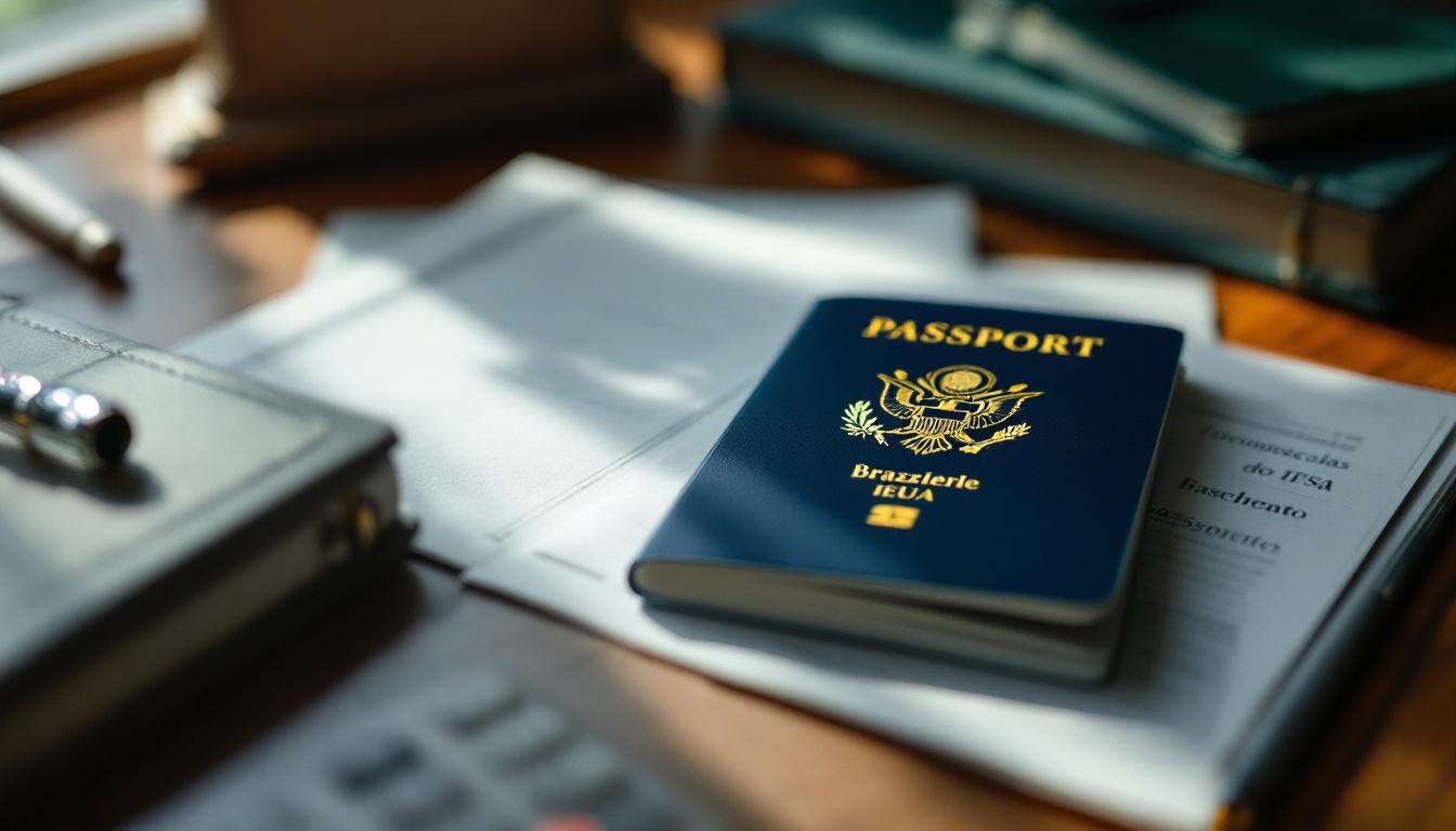 Documentos fiscais dos EUA ao lado de um passaporte brasileiro em uma mesa