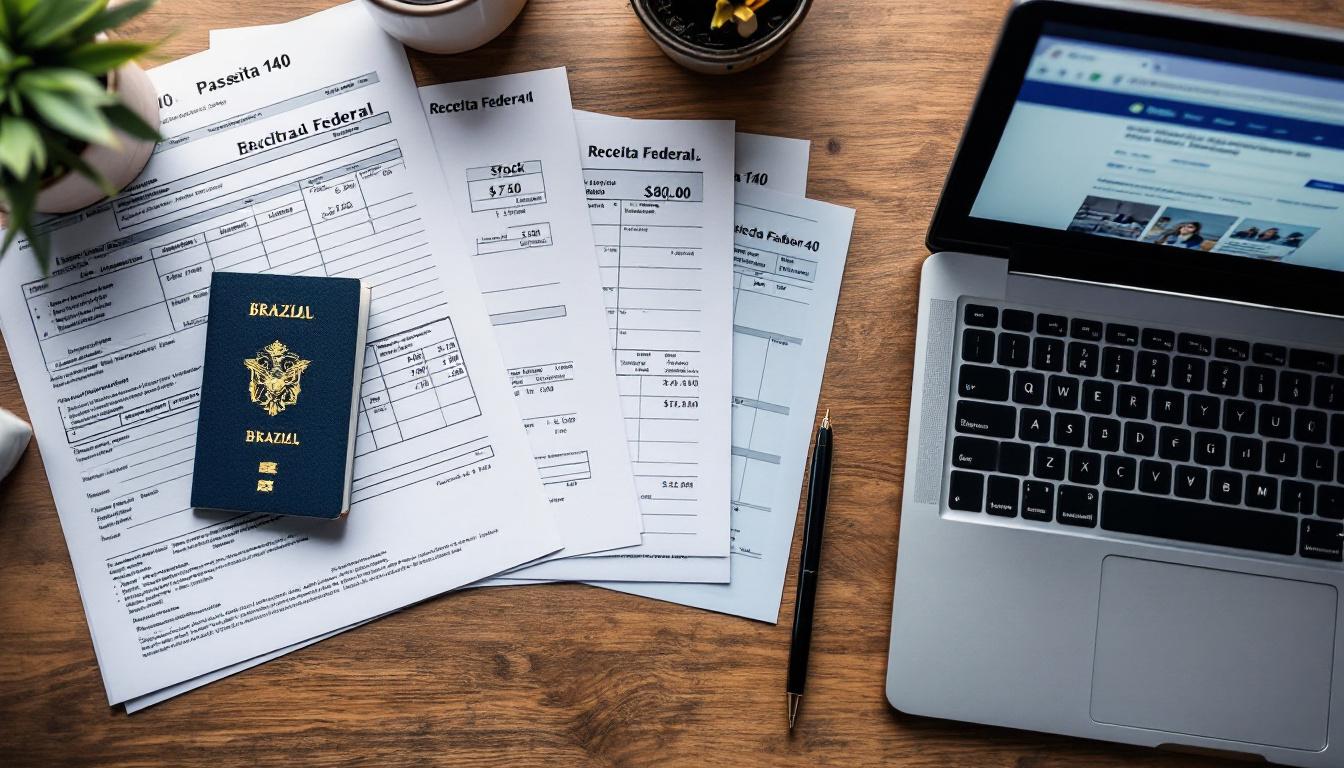 Documentos fiscais e passaporte em uma mesa representando a declaração de investimentos nos EUA