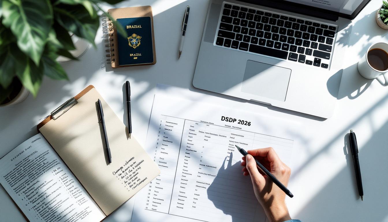 Documento DSDP e passaporte representando brasileiros nos EUA com regras de 2026