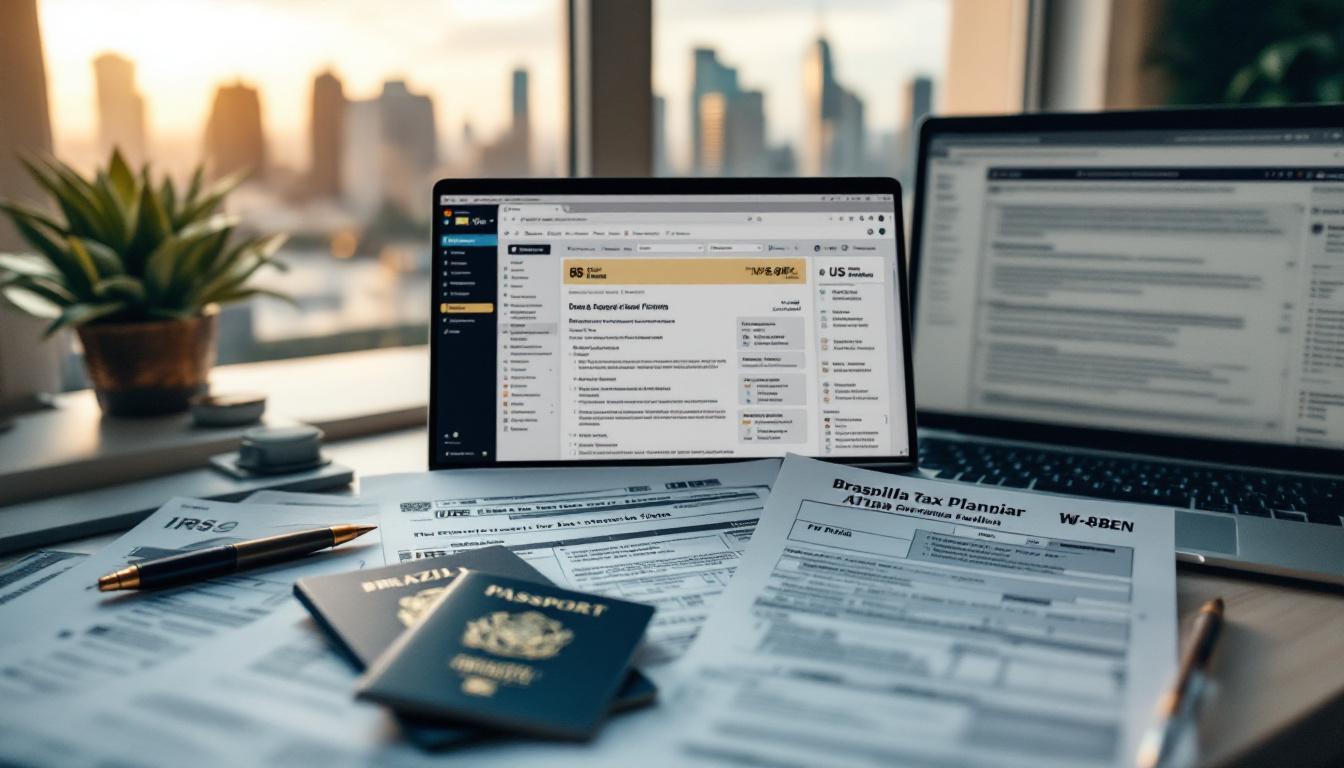 Freelancers internacionais no contexto de declaração fiscal 2026 com documentos e laptop