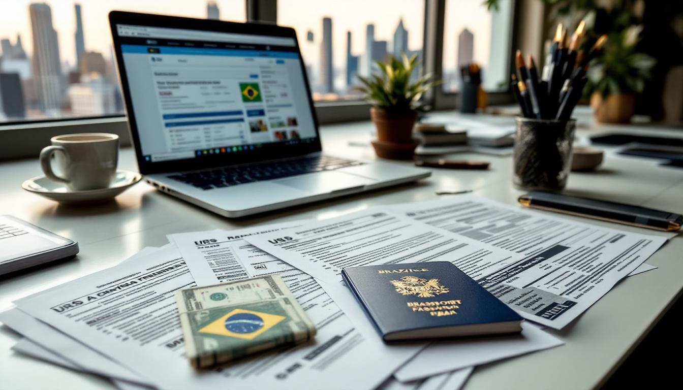Documentos fiscais dos EUA ao lado de um passaporte brasileiro, simbolizando a mudança de regime tributário.