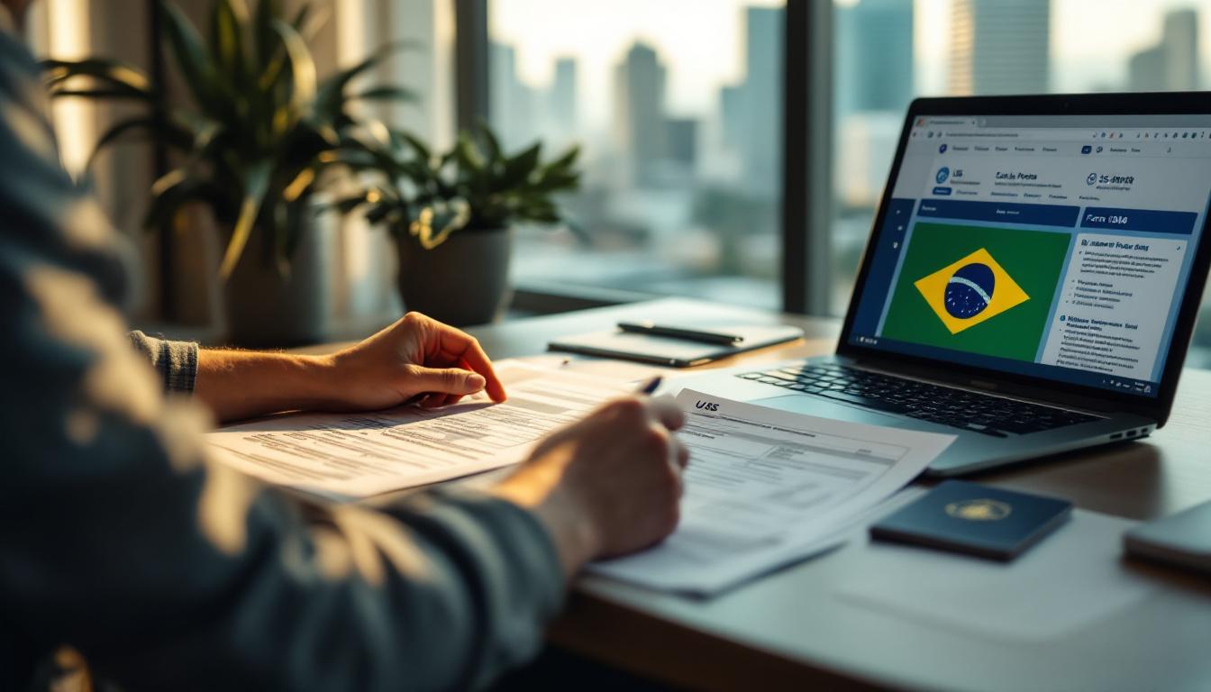 Planejamento Fiscal para Brasileiros nos EUA em 2026 com documentos fiscais e bandeiras do Brasil e EUA