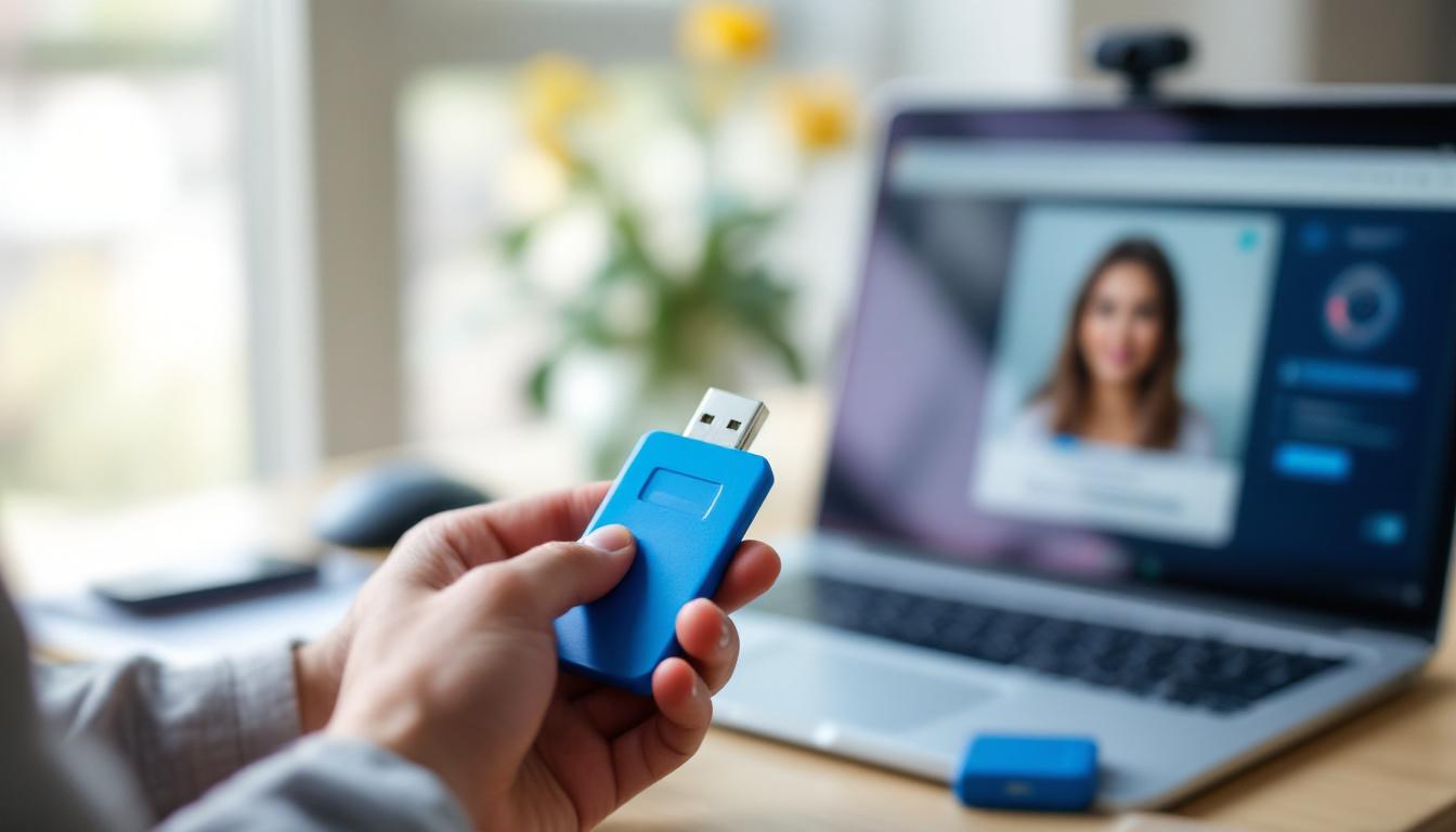 Hands holding USB A1 token with laptop showing e-CPF/e-CNPJ authentication screen