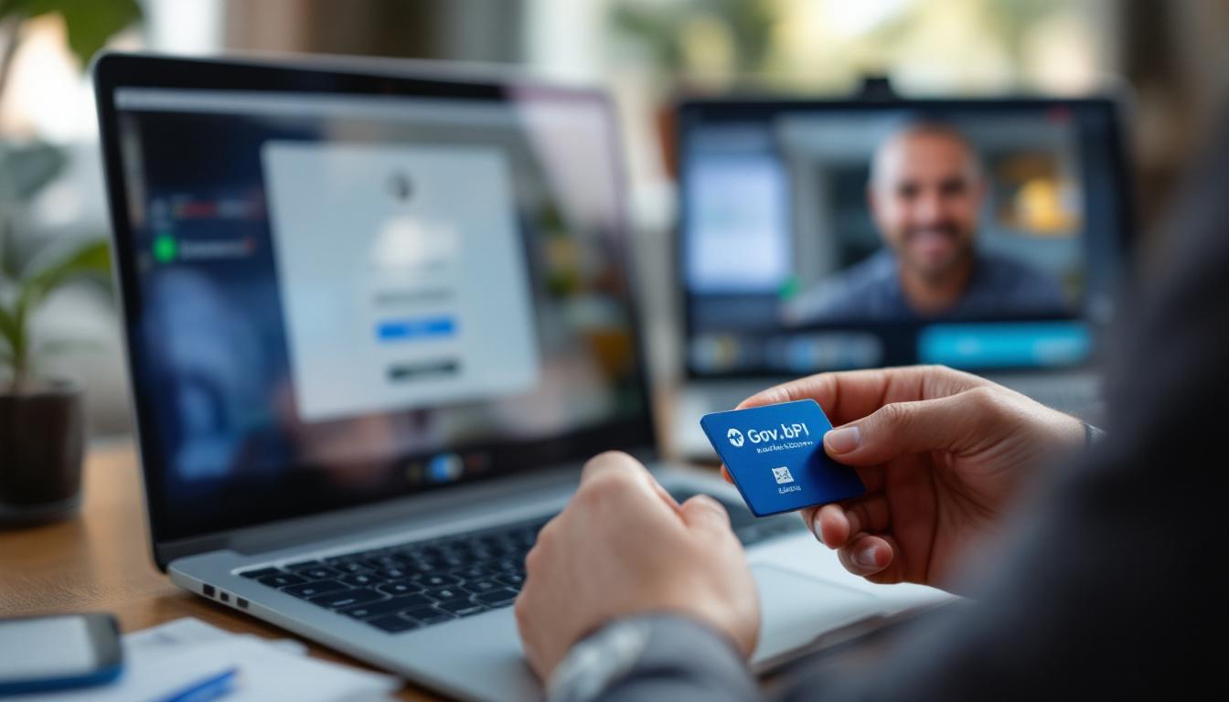 Computador com tela de autenticação de e-CNPJ e token A1 em mãos