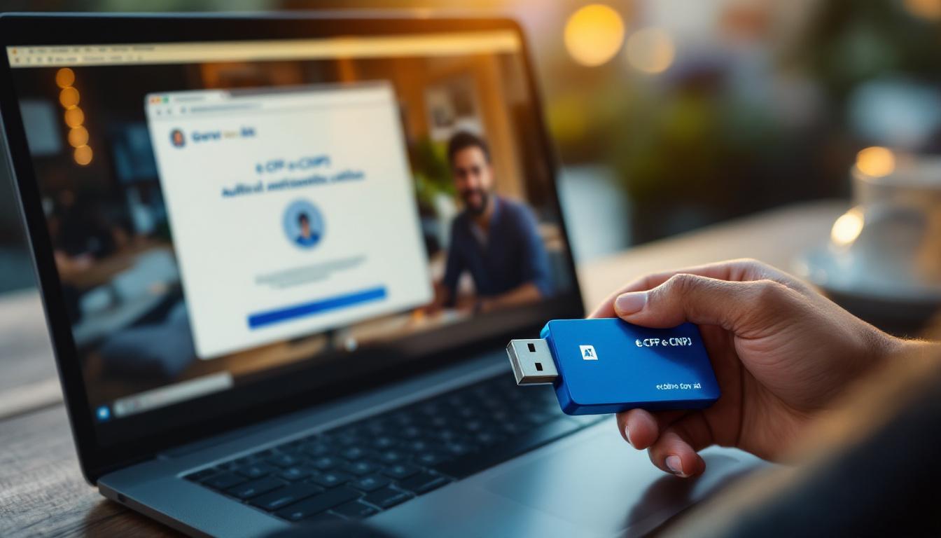 Mãos segurando USB token A1 e tela de autenticação e-CPF/e-CNPJ