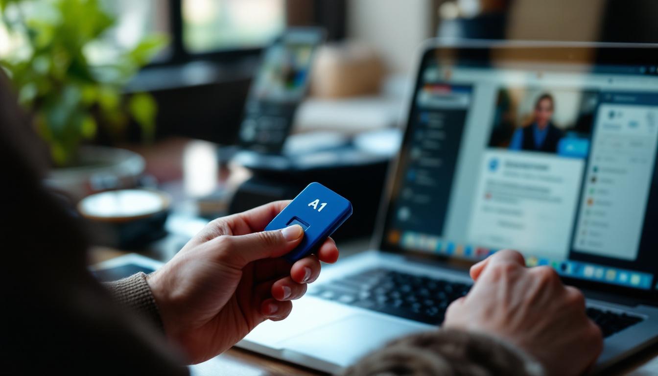 Renovação de certificado digital com erro, mãos segurando um token USB A1 e documento na tela do laptop.