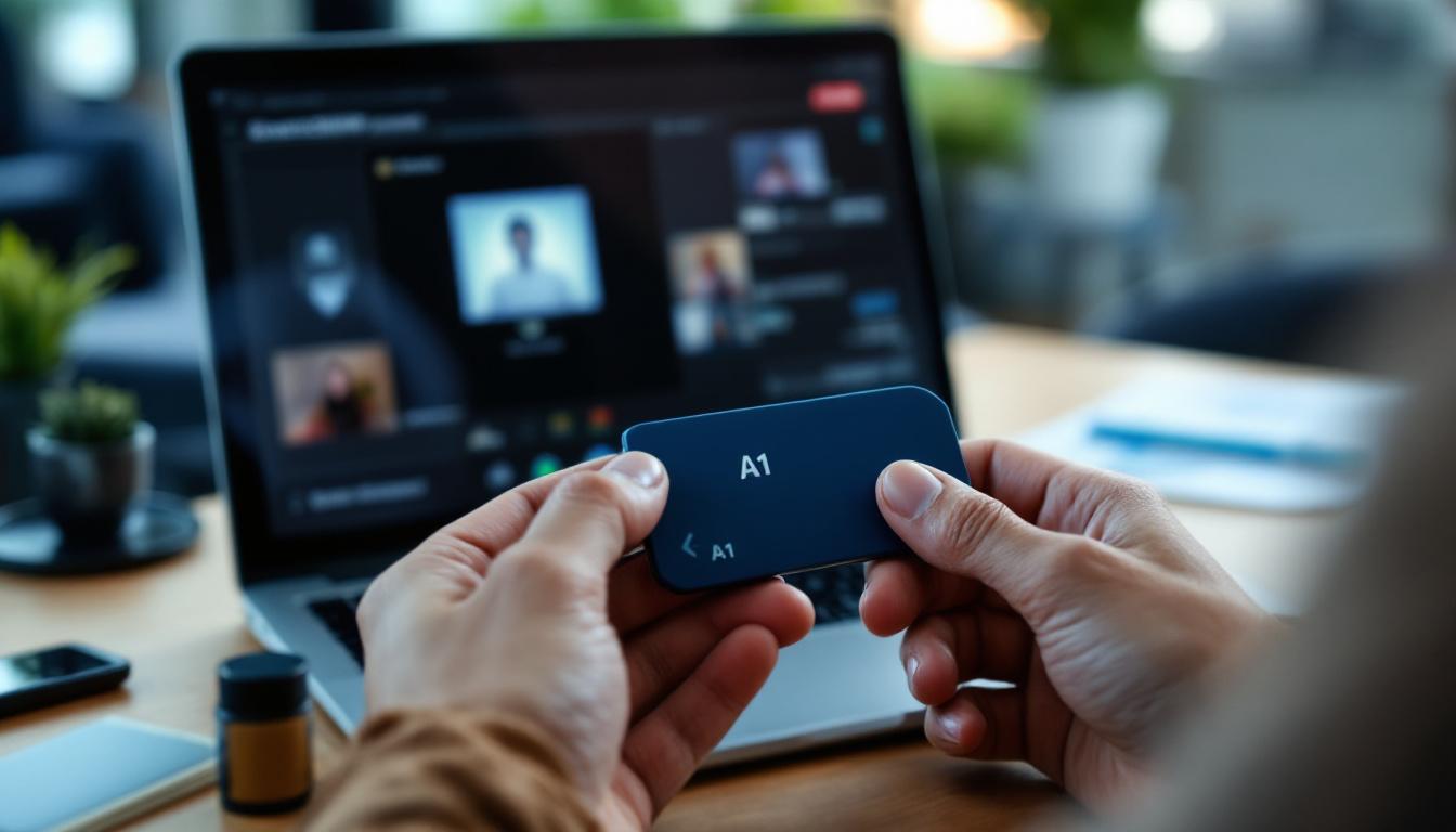 Mãos segurando token USB A1 azul com tela de autenticação e-CNPJ ao fundo