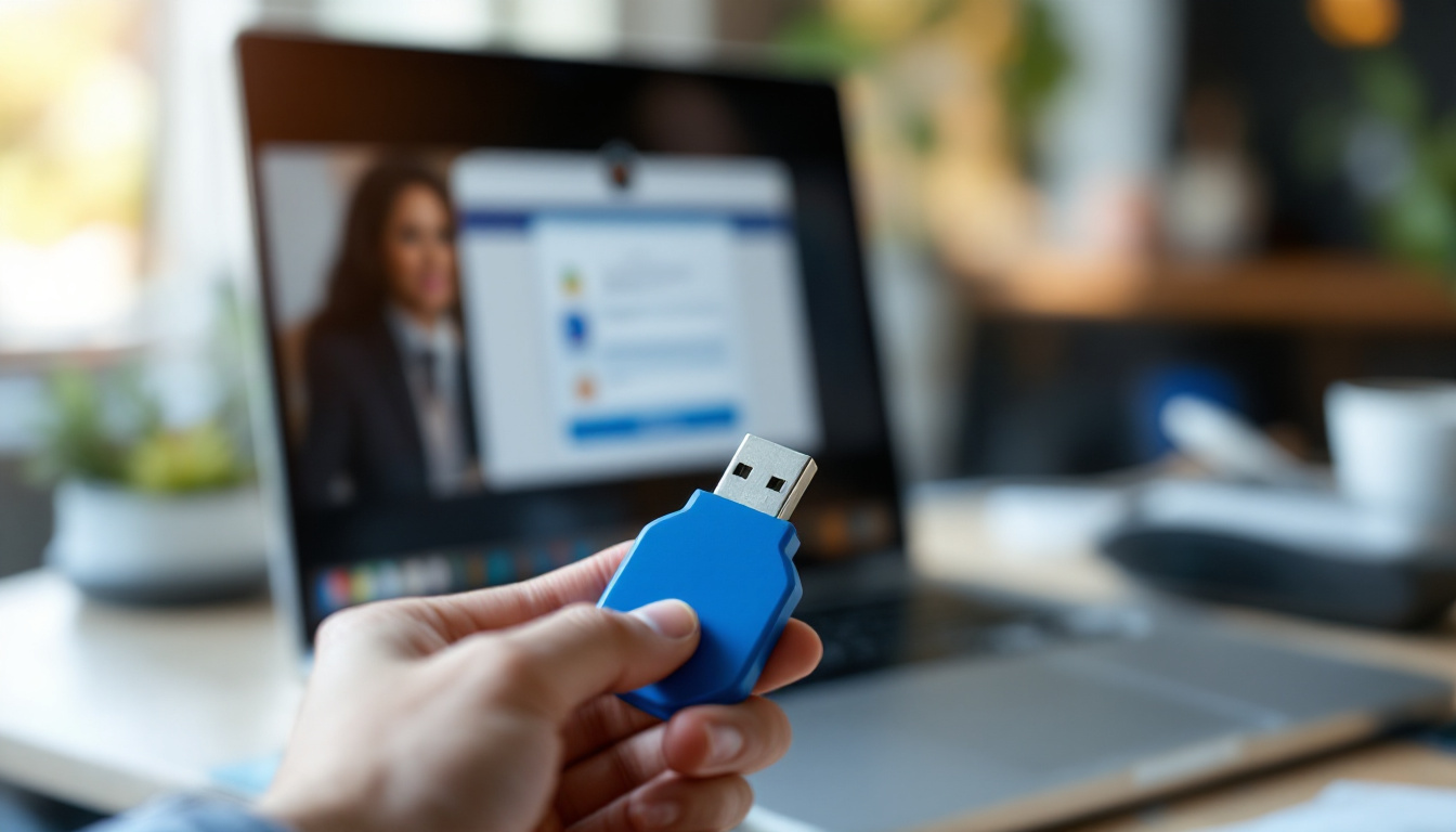 Mãos segurando token USB A1 com tela de autenticação e-CPF/e-CNPJ.