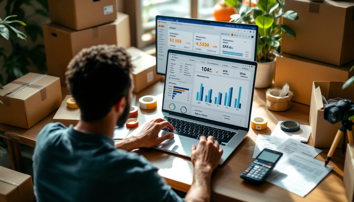 Cena de escritório de e-commerce com produtos e taxas de marketplace