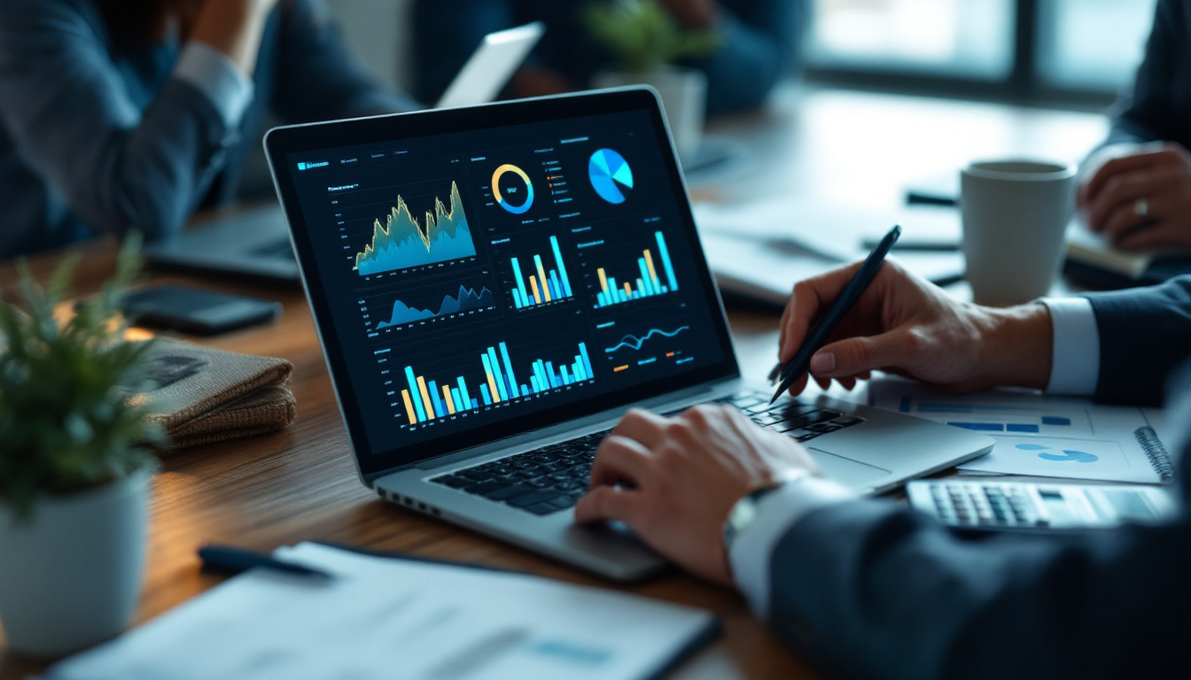 Profissionais discutindo relatórios financeiros em um escritório moderno 1