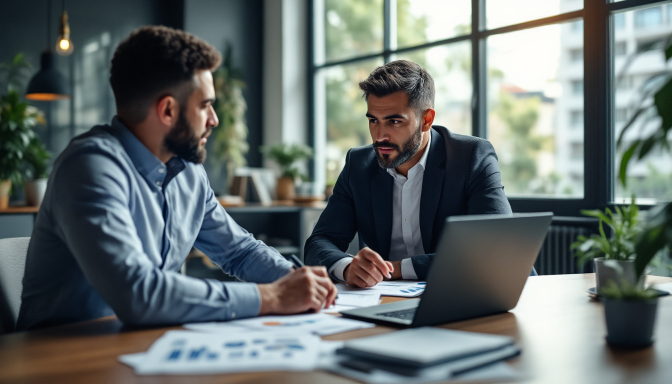 Empresários discutindo planejamento tributário em escritório moderno. 2