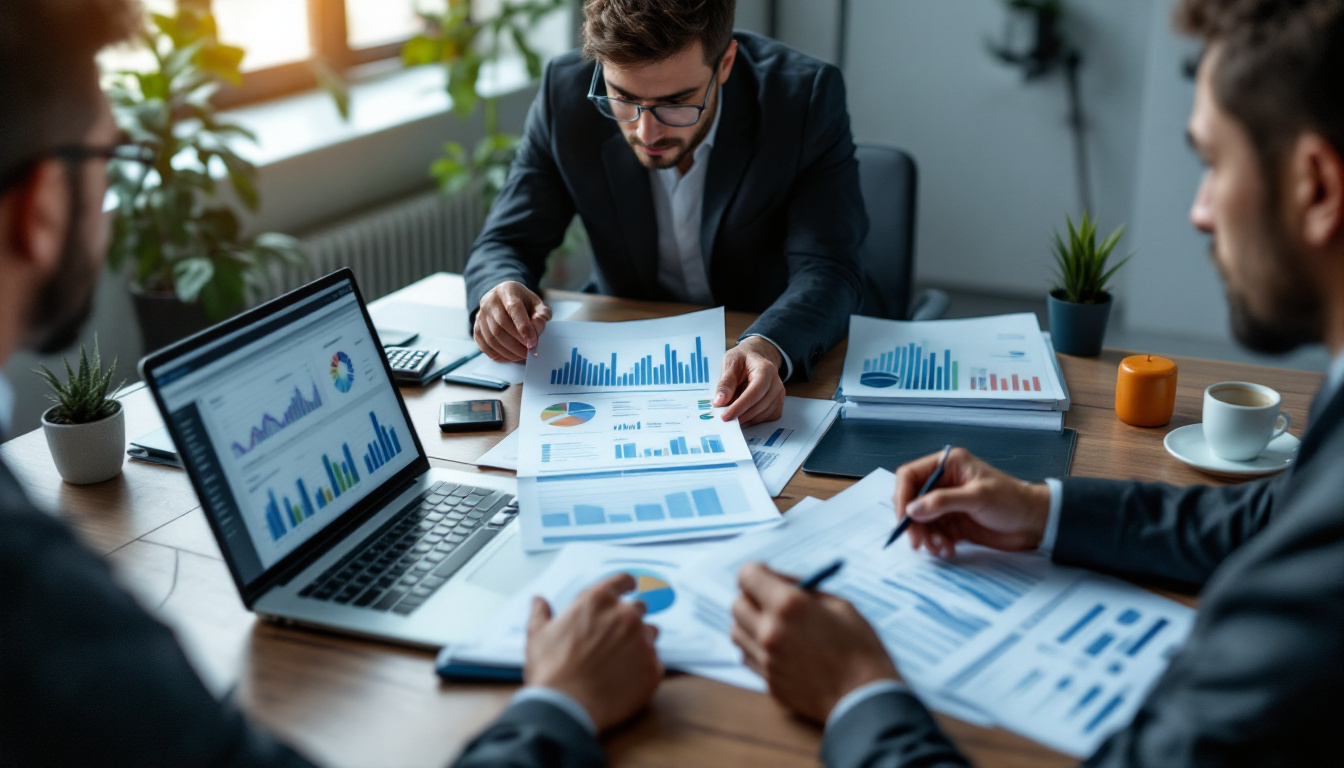 Profissionais discutindo relatórios financeiros com IA em um escritório moderno 2