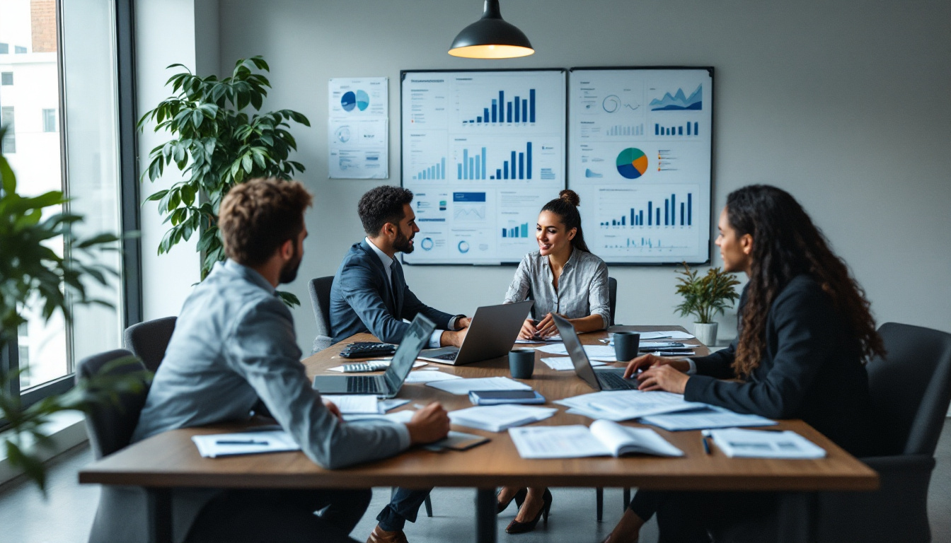 Contabilidade digital em um escritório moderno com profissionais analisando relatórios financeiros 2