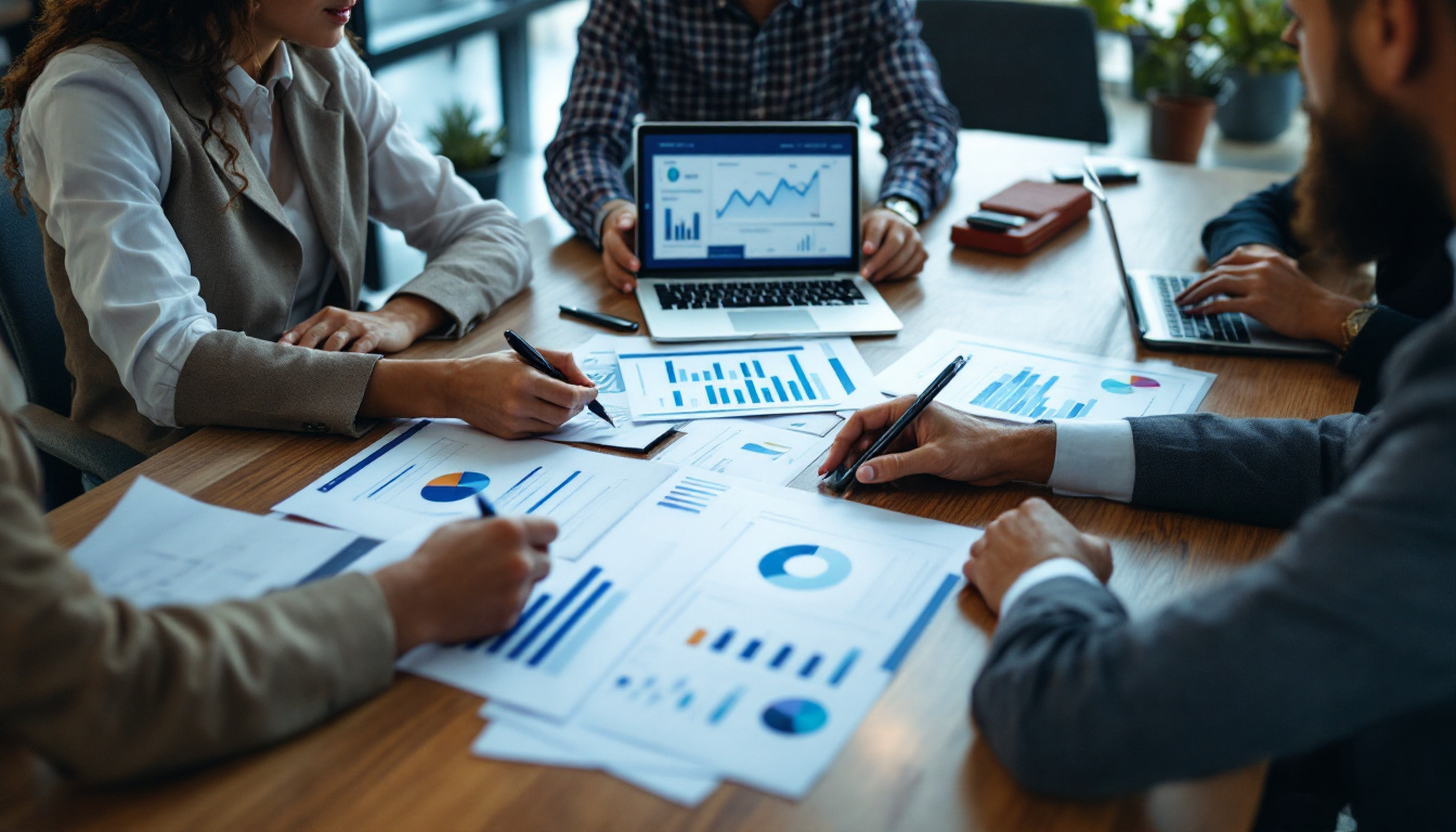 Profissionais discutindo relatórios financeiros em um escritório moderno 2