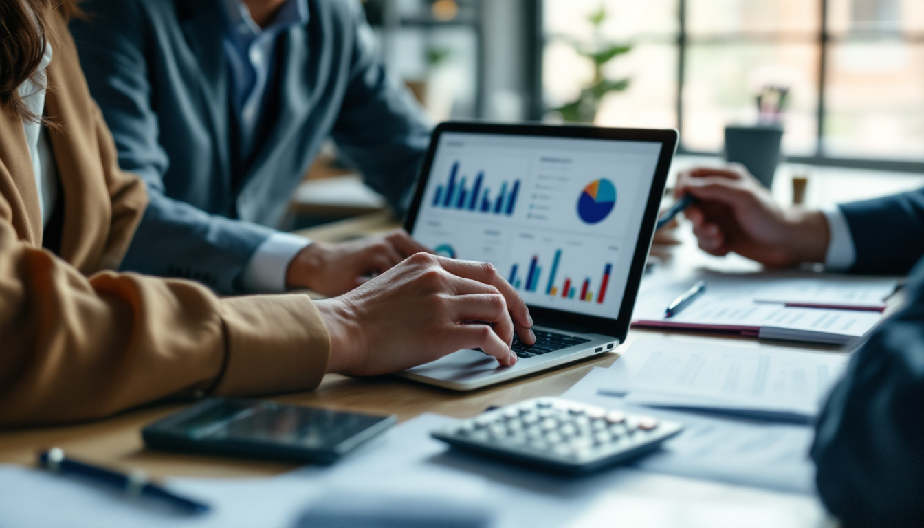 Empresários discutindo planilhas financeiras em um escritório moderno 1