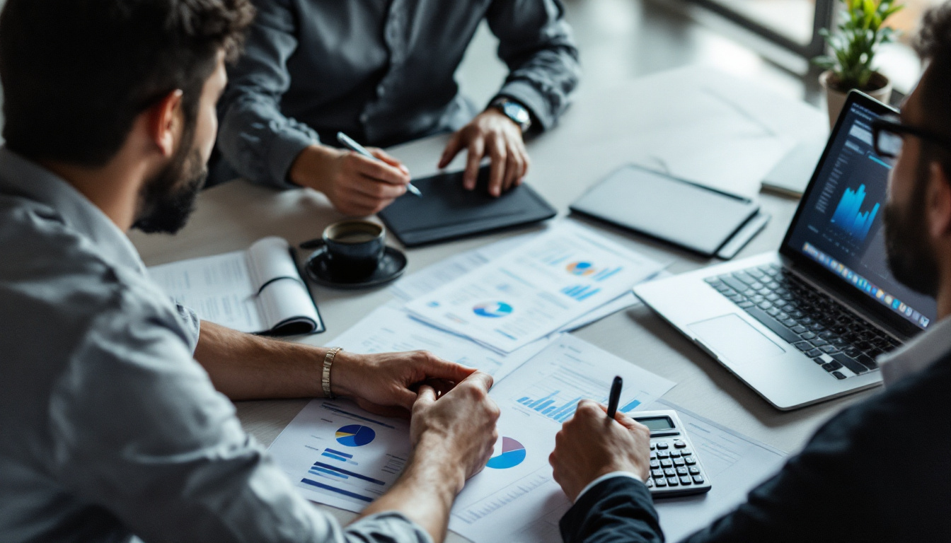 Empresários discutindo planilhas financeiras em um escritório moderno 2