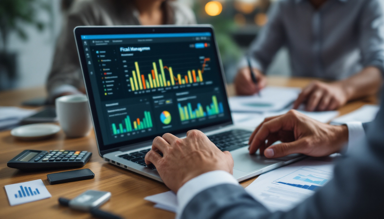 Profissionais discutindo relatórios financeiros em um escritório moderno. 1