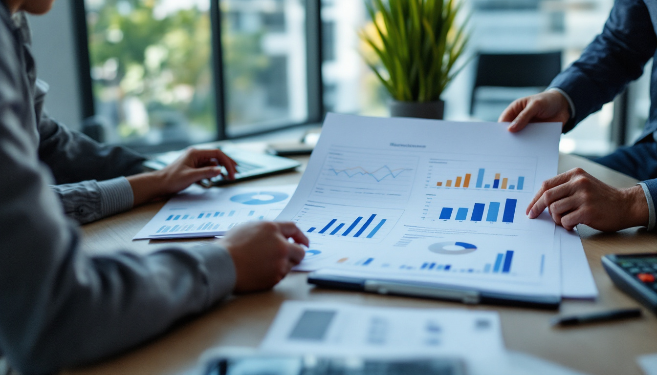 Profissionais discutindo relatórios financeiros em um escritório moderno. 2