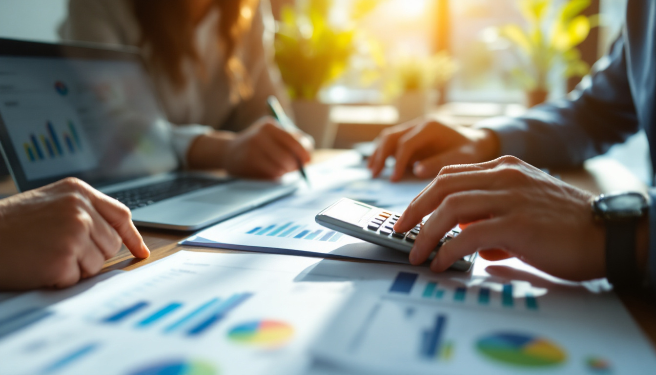 Profissionais discutindo relatórios financeiros em um escritório moderno 1