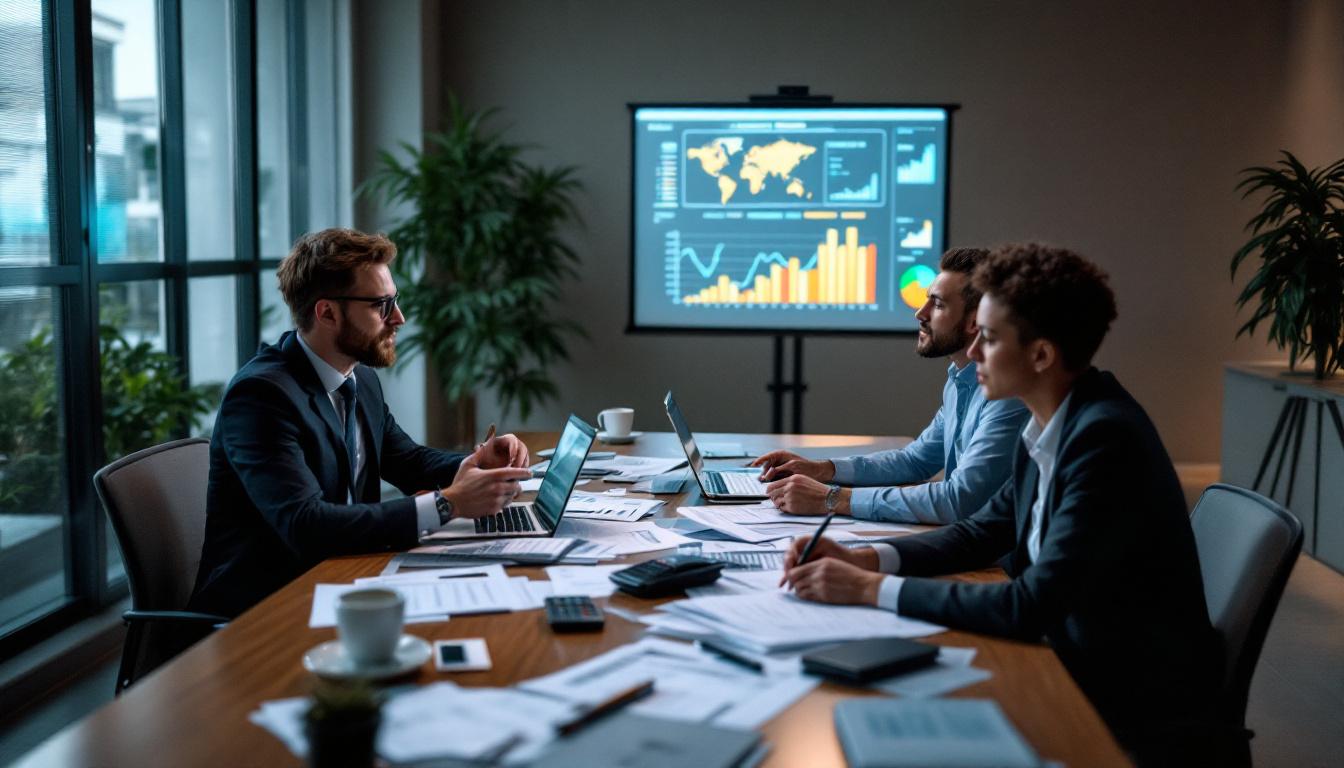 Profissionais discutindo relatórios financeiros em um escritório moderno, representando a importância do SPED. 2