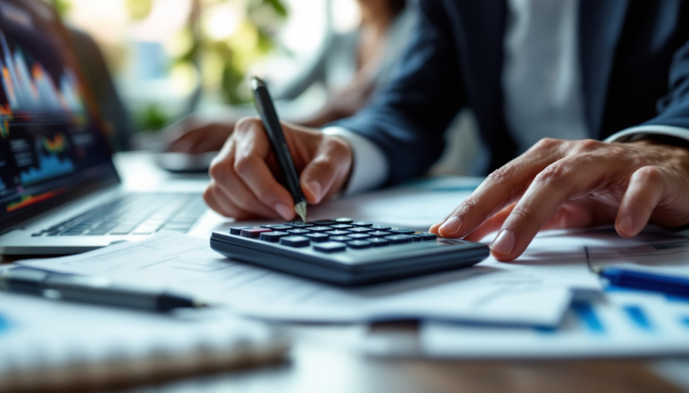 Homem de negócios analisando relatórios financeiros com gráficos e laptop. 2