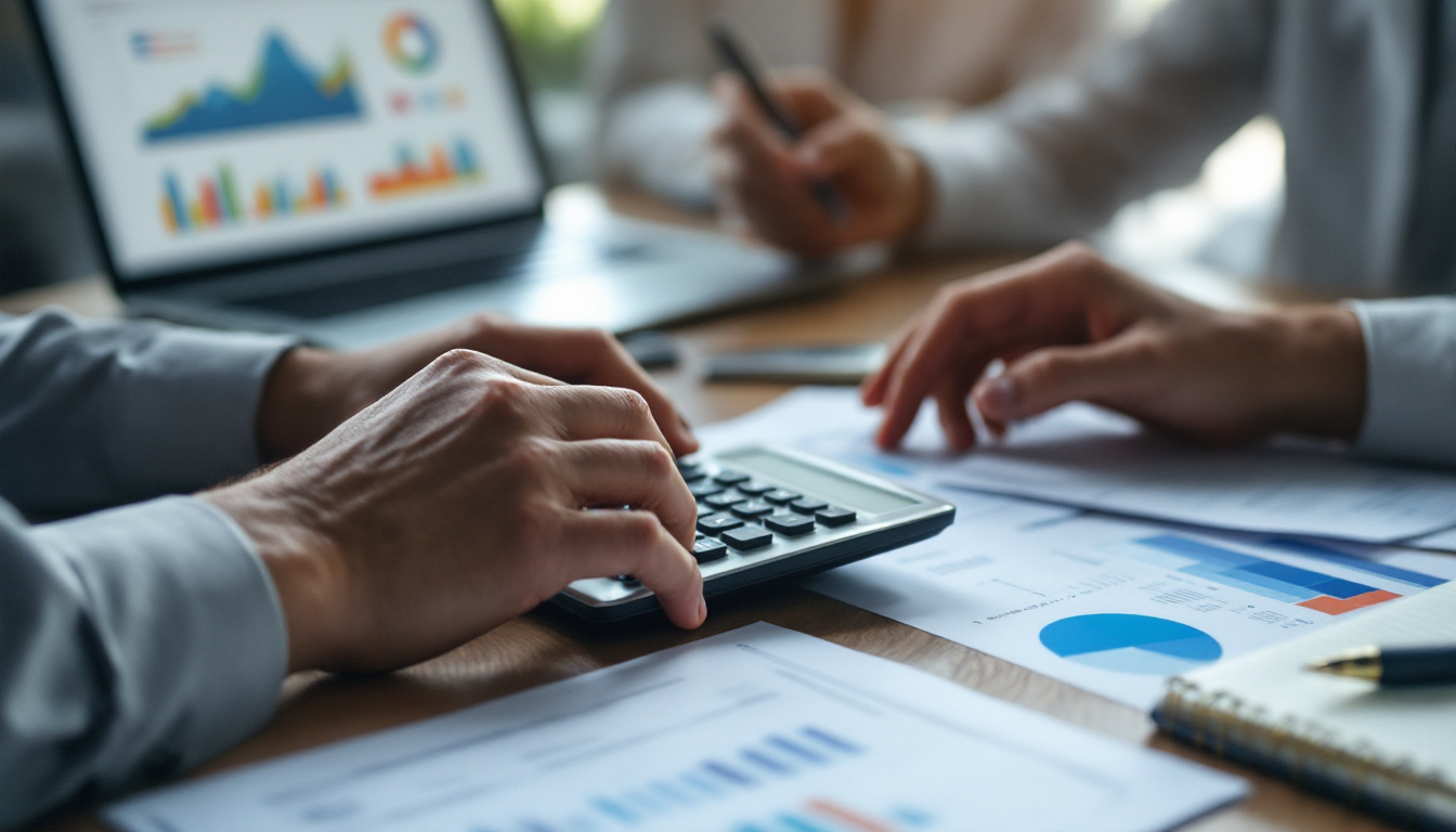 Empresário preocupado analisando relatórios financeiros com calculadora. 1