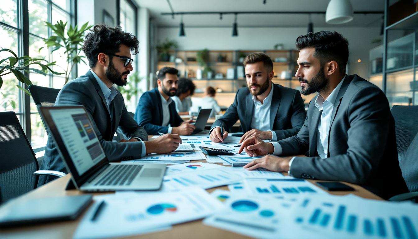 Profissionais discutindo relatórios financeiros em um escritório moderno. 1