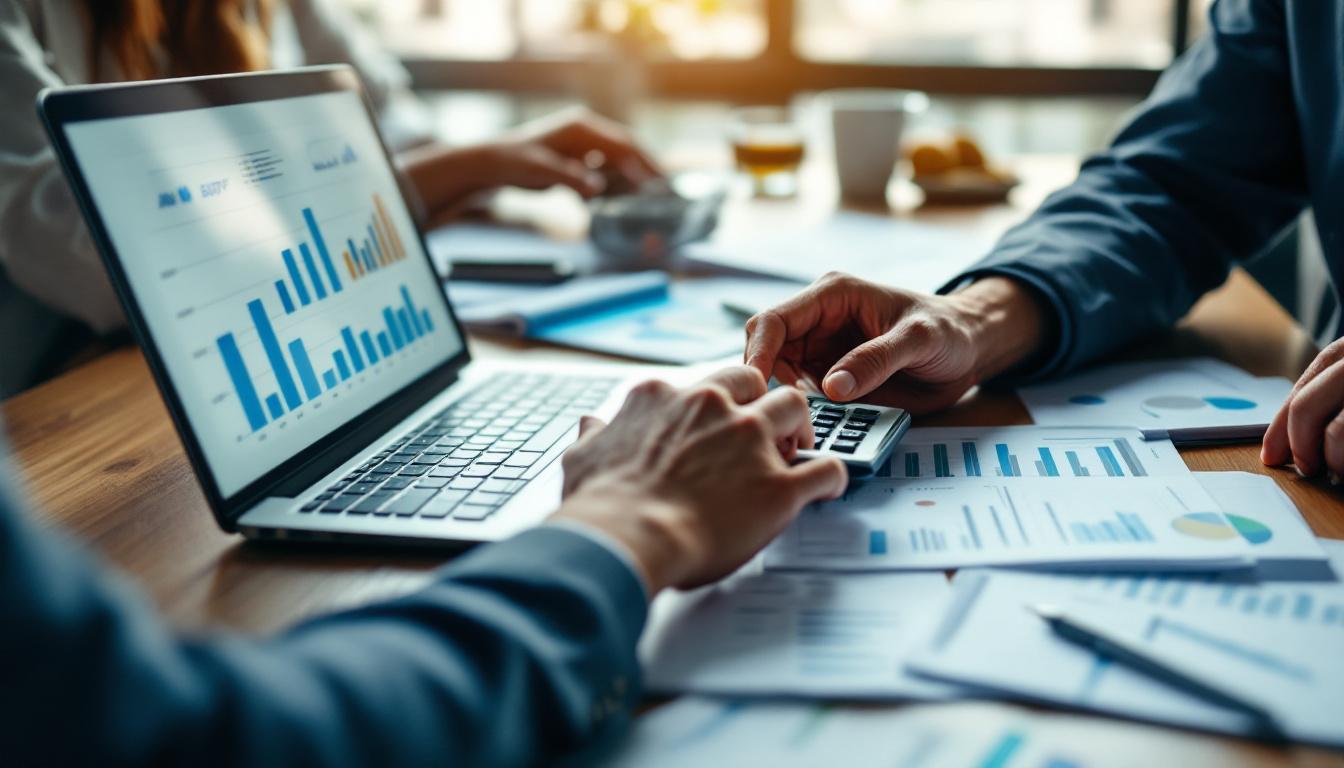 Empresário analisando documentos fiscais com um contador em um escritório moderno. 1