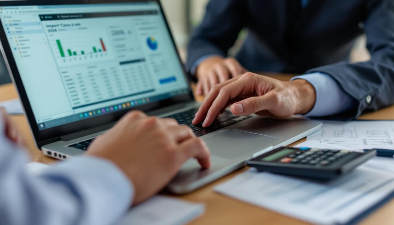 Empresário analisando taxas de importação em 2026 com planilhas financeiras. 2