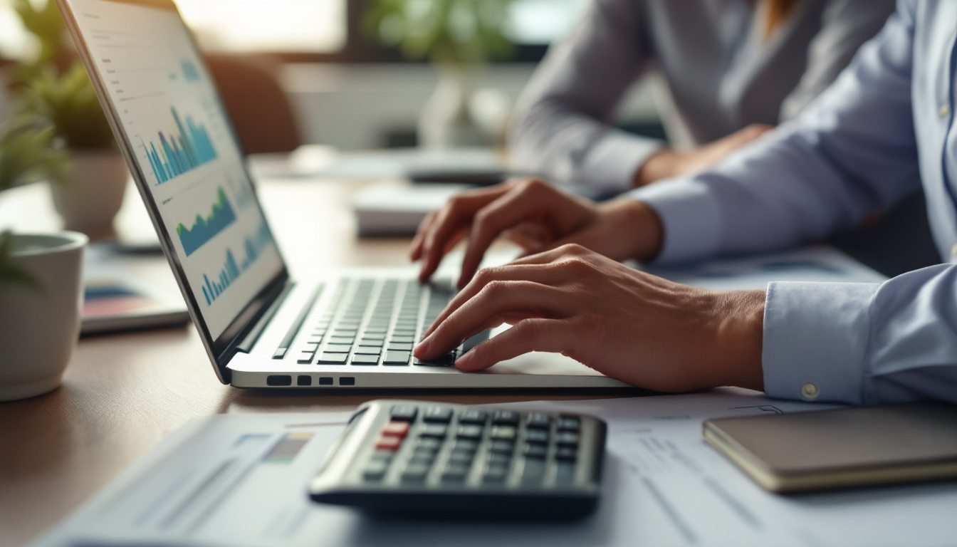 Cena de escritório com profissionais discutindo relatórios financeiros 1