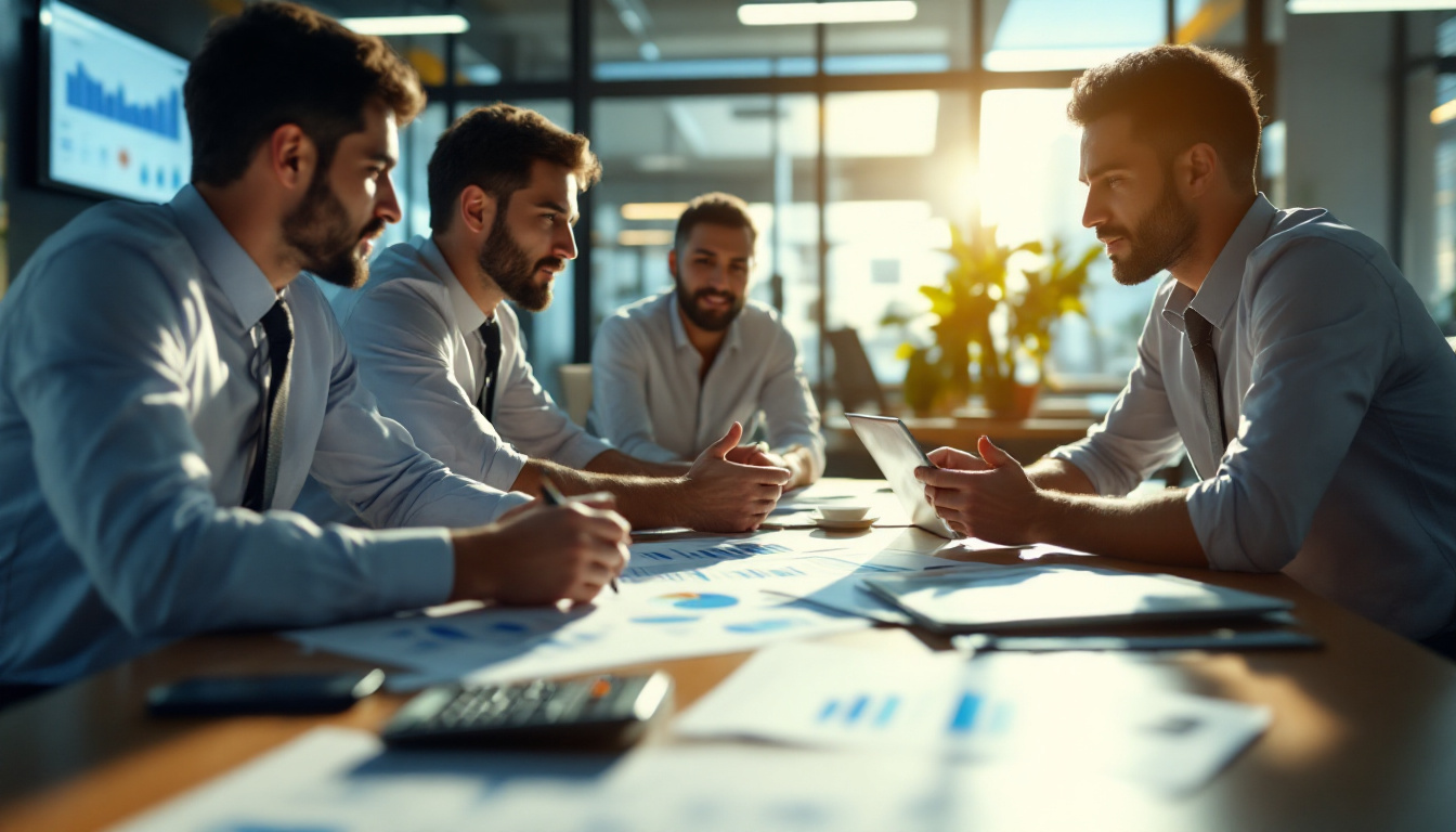 Cena de escritório com profissionais discutindo relatórios financeiros 2