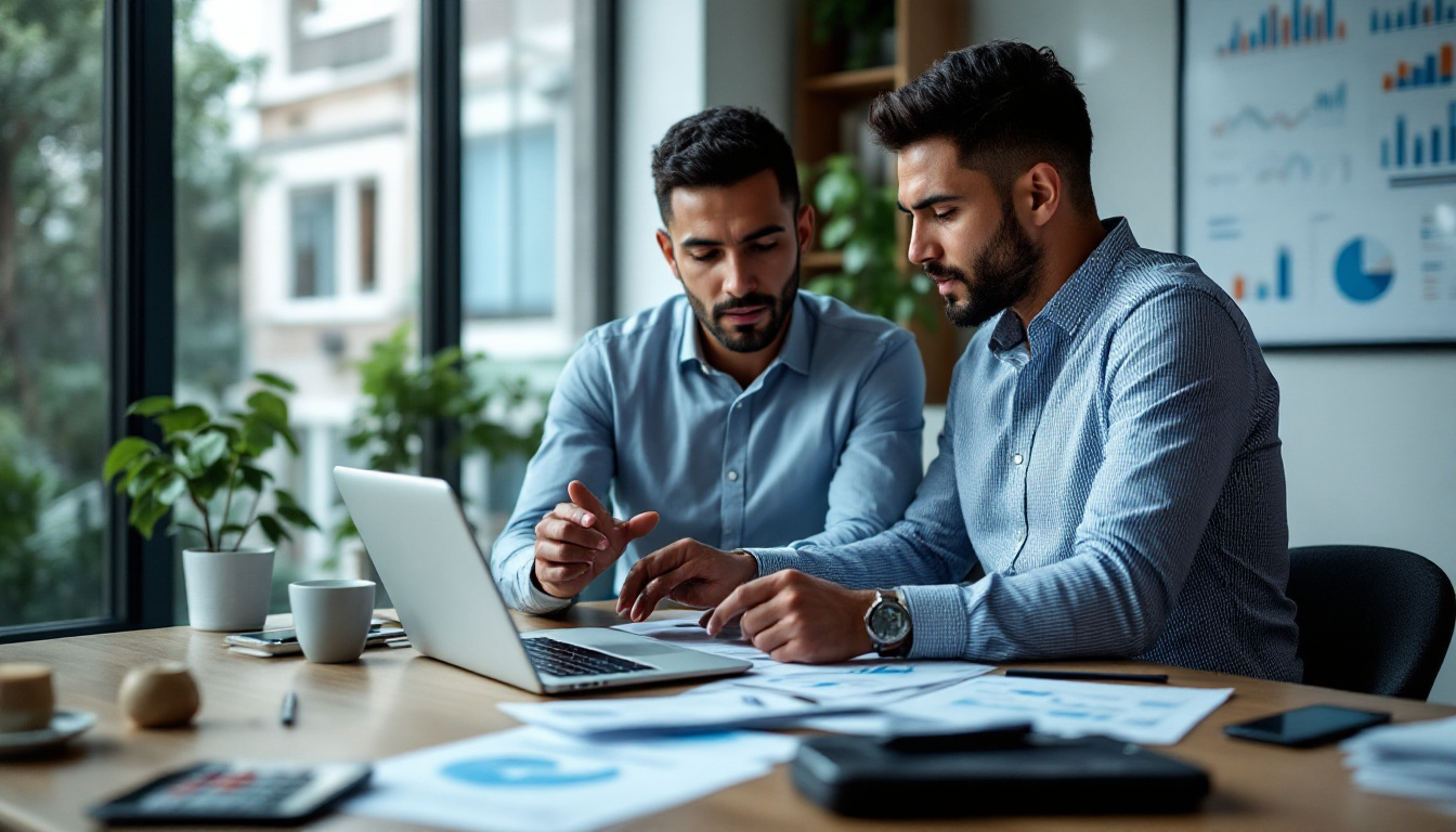 Contabilistas discutindo relatórios financeiros em um escritório moderno. 1
