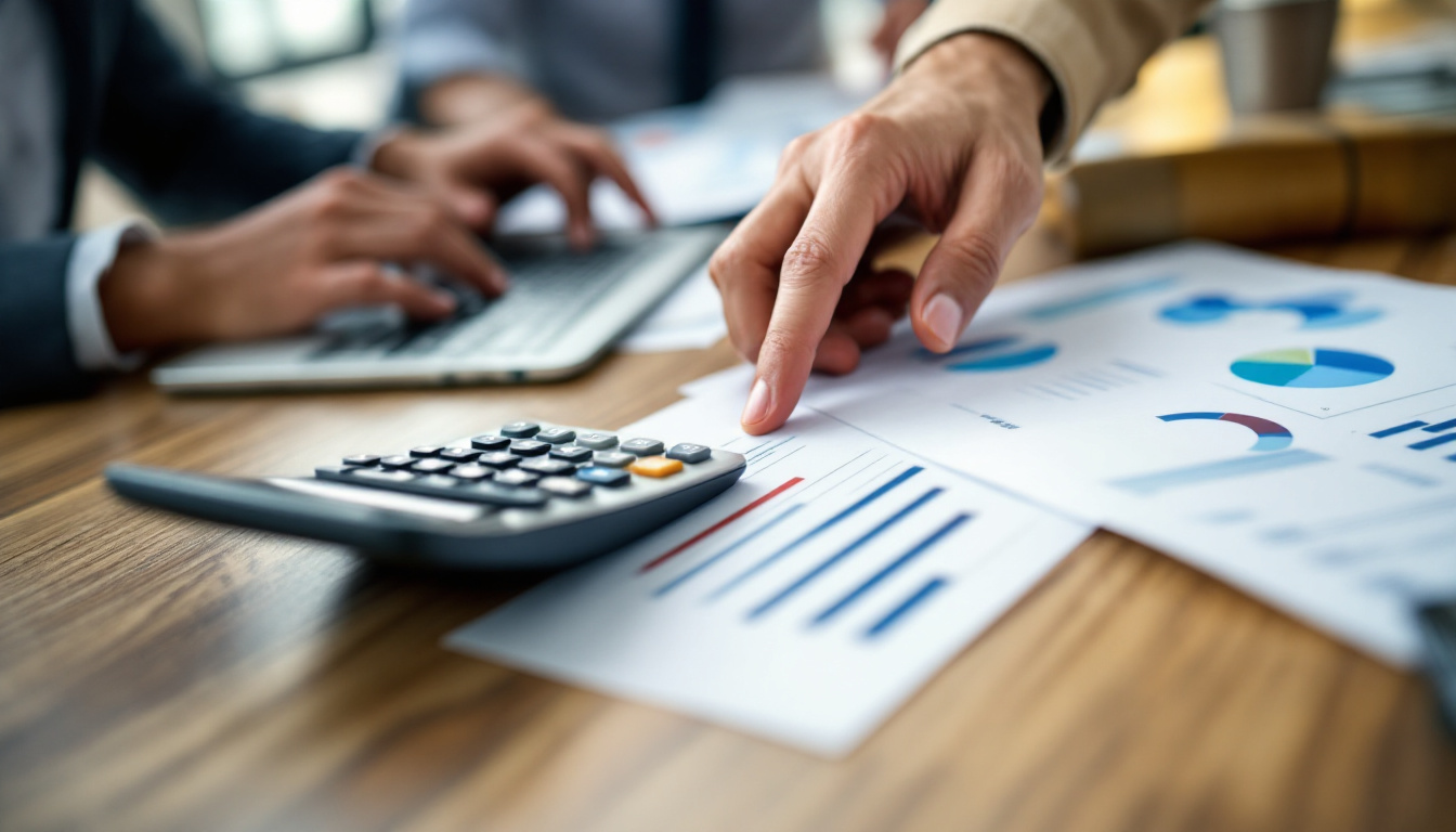 Contabilistas discutindo relatórios financeiros em um escritório moderno. 2