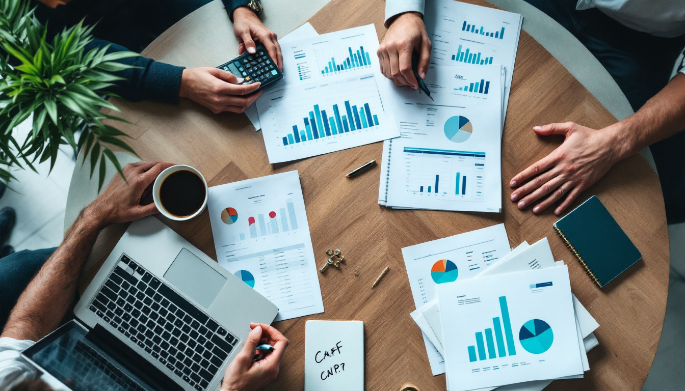 Profissionais discutindo relatórios financeiros em um escritório moderno. 1