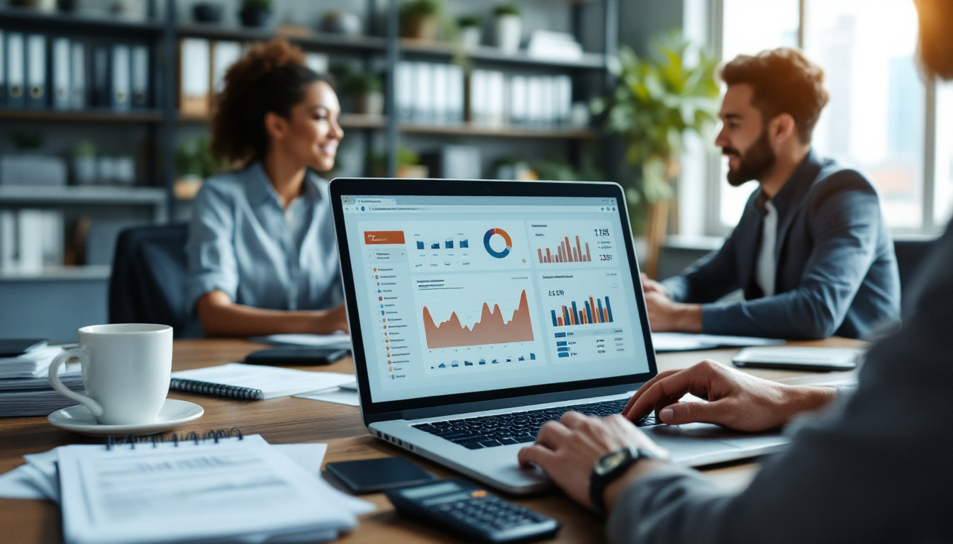 Profissionais discutindo relatórios financeiros em um escritório moderno. 2