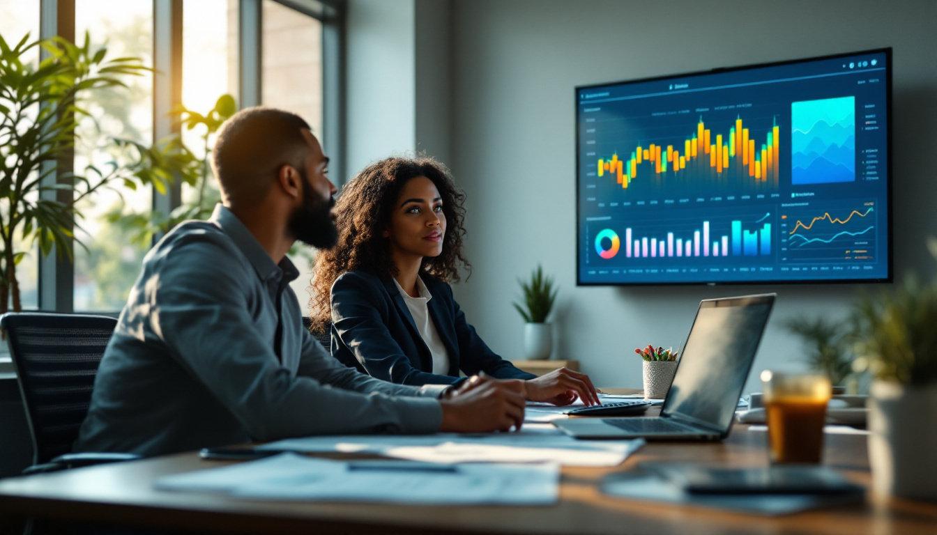 Profissionais analisando relatórios financeiros em um escritório moderno 2