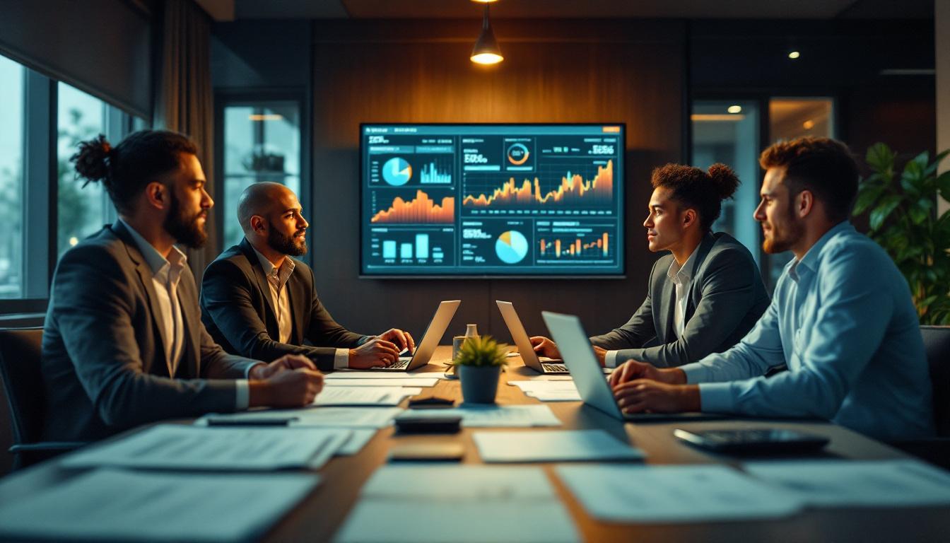 Empresários discutindo o Pronampe 2026 em um moderno escritório de contabilidade. 2