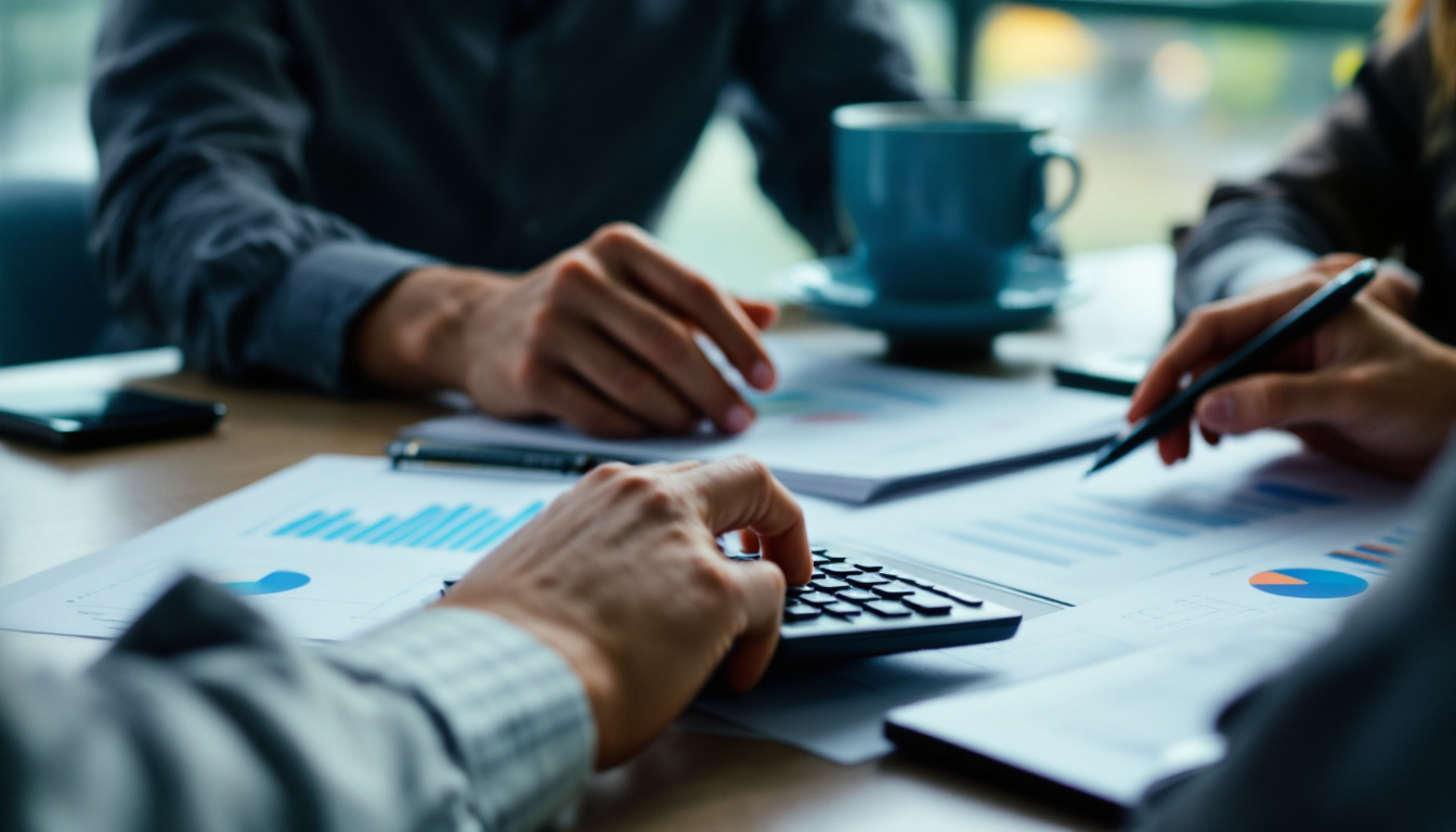 Profissionais de contabilidade discutindo documentos fiscais em um escritório moderno. 1
