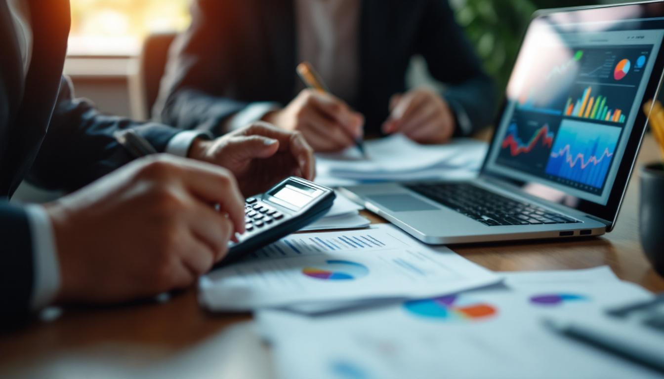 Profissionais discutindo relatórios financeiros em um escritório moderno 1