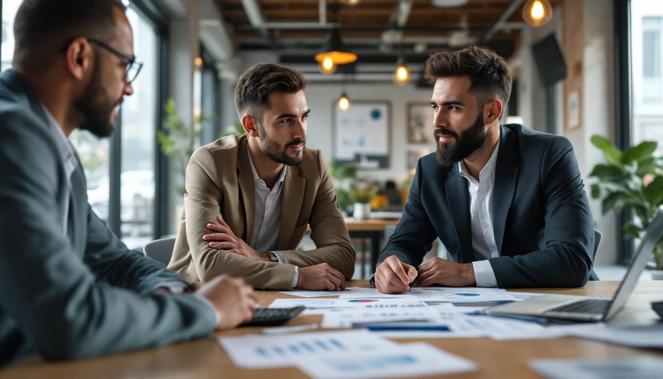 Profissionais discutindo relatórios financeiros em um escritório moderno 2