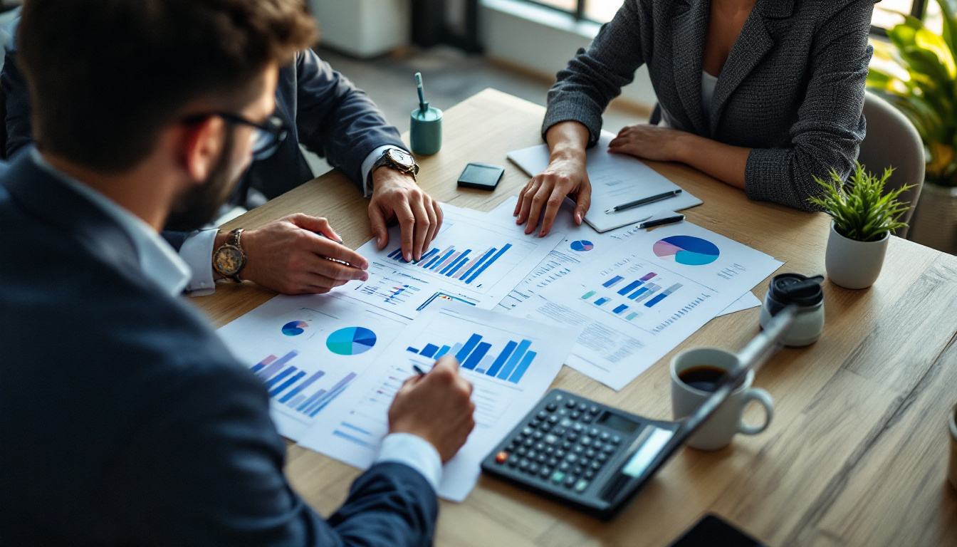 Empresários discutindo revisão tributária em um escritório moderno. 2