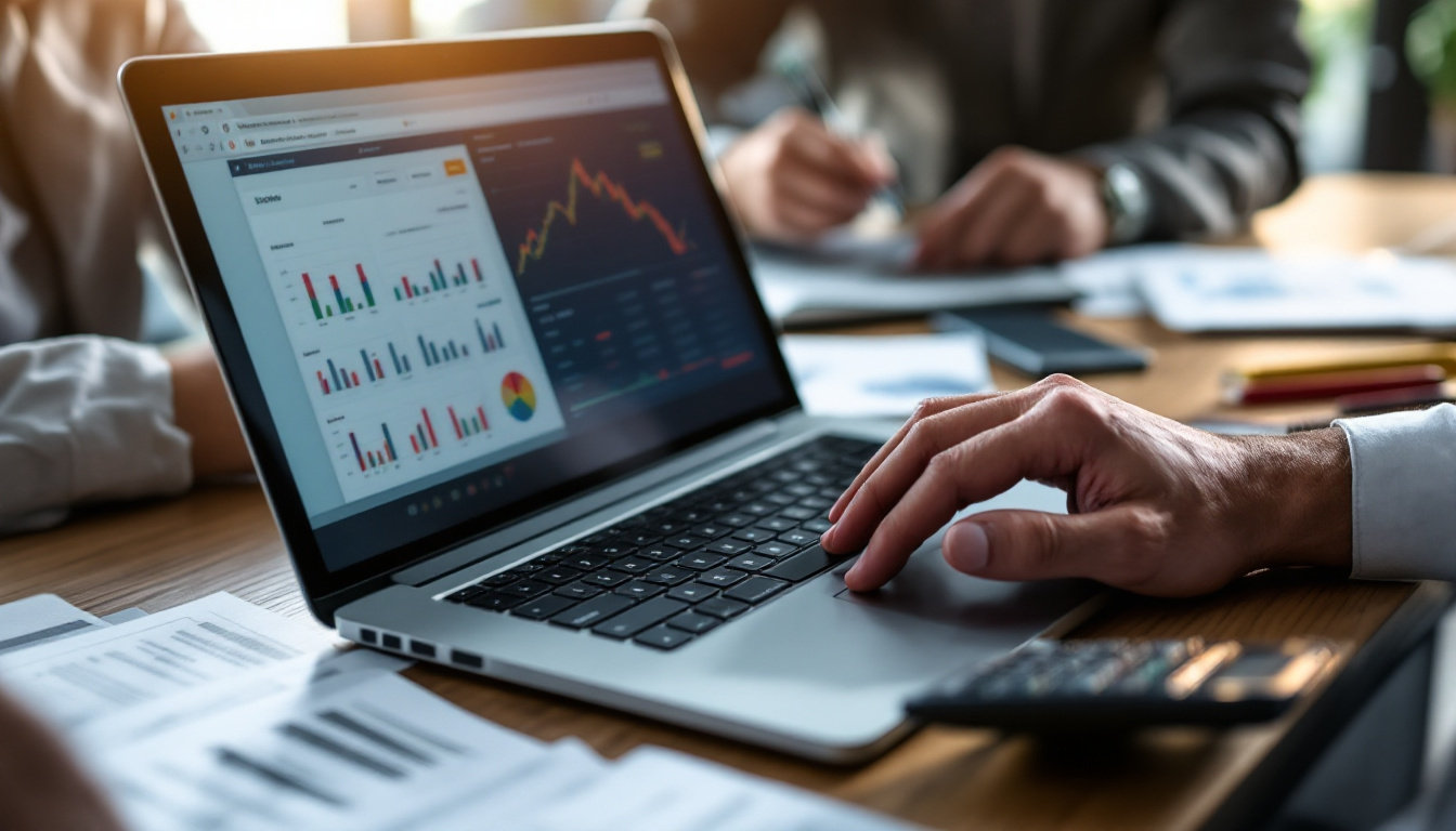 Empresário analisando relatórios financeiros com gráficos e laptop, representando contabilidade digital no Simples Nacional. 1