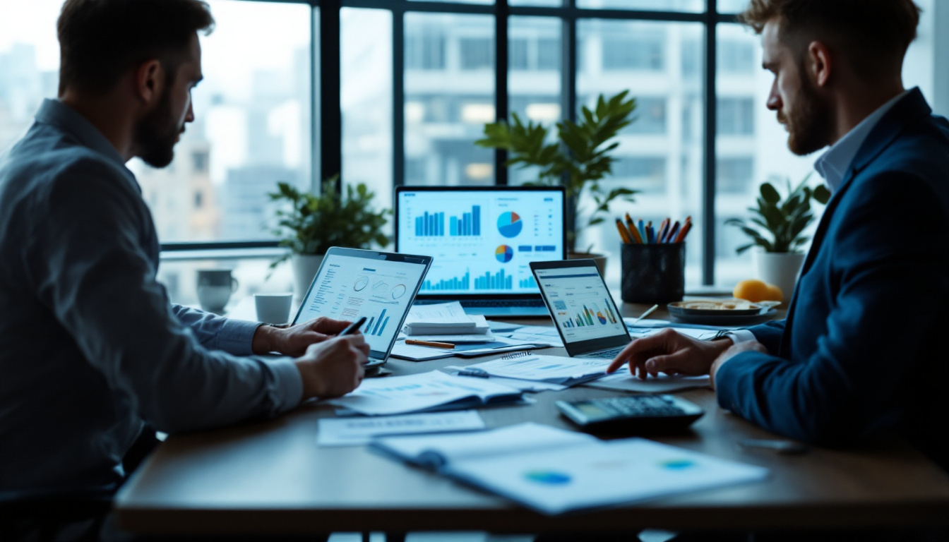 Empresário analisando relatórios financeiros com gráficos e laptop, representando contabilidade digital no Simples Nacional. 2