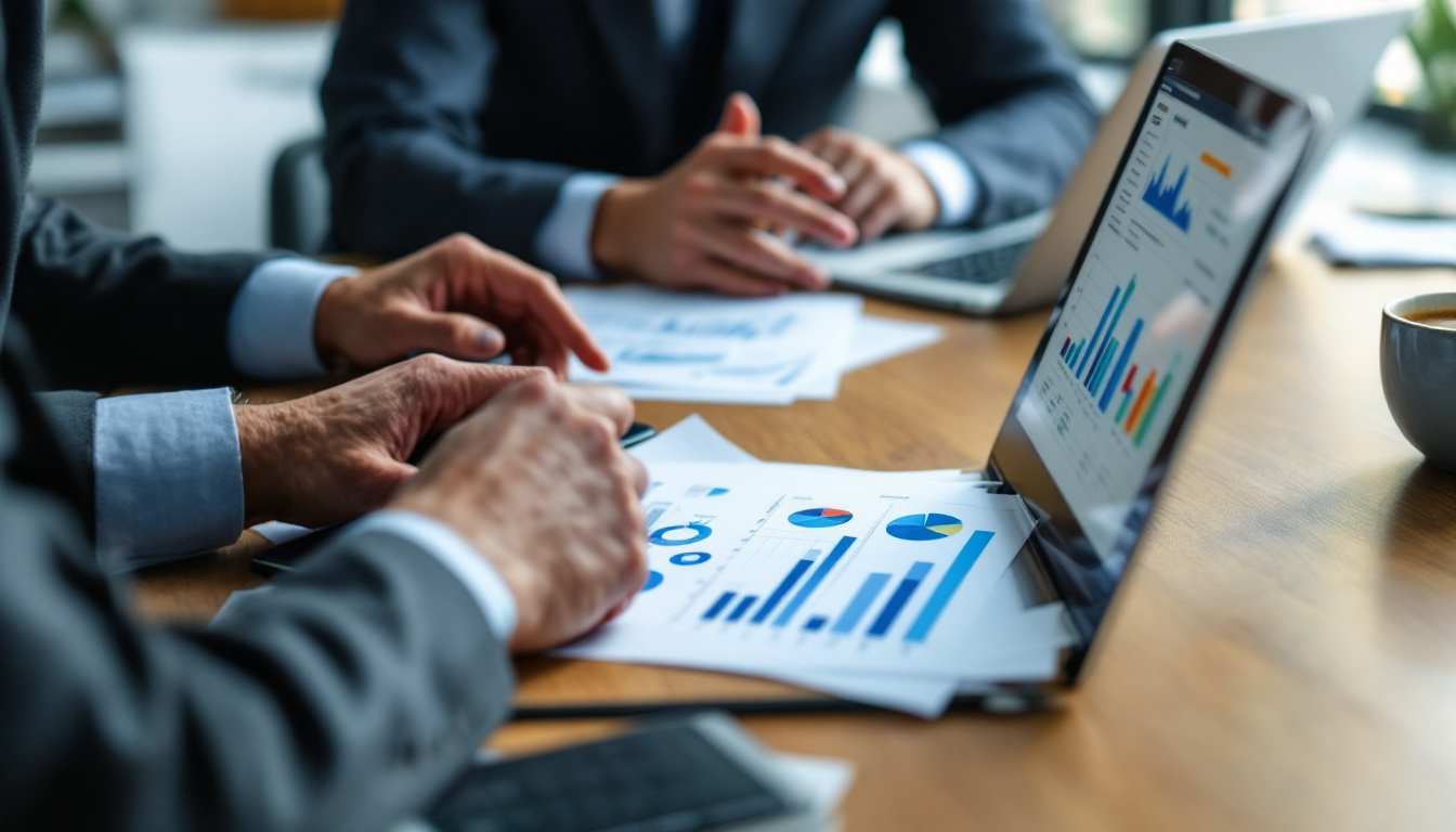 Empresários discutindo relatórios financeiros em um escritório moderno 1