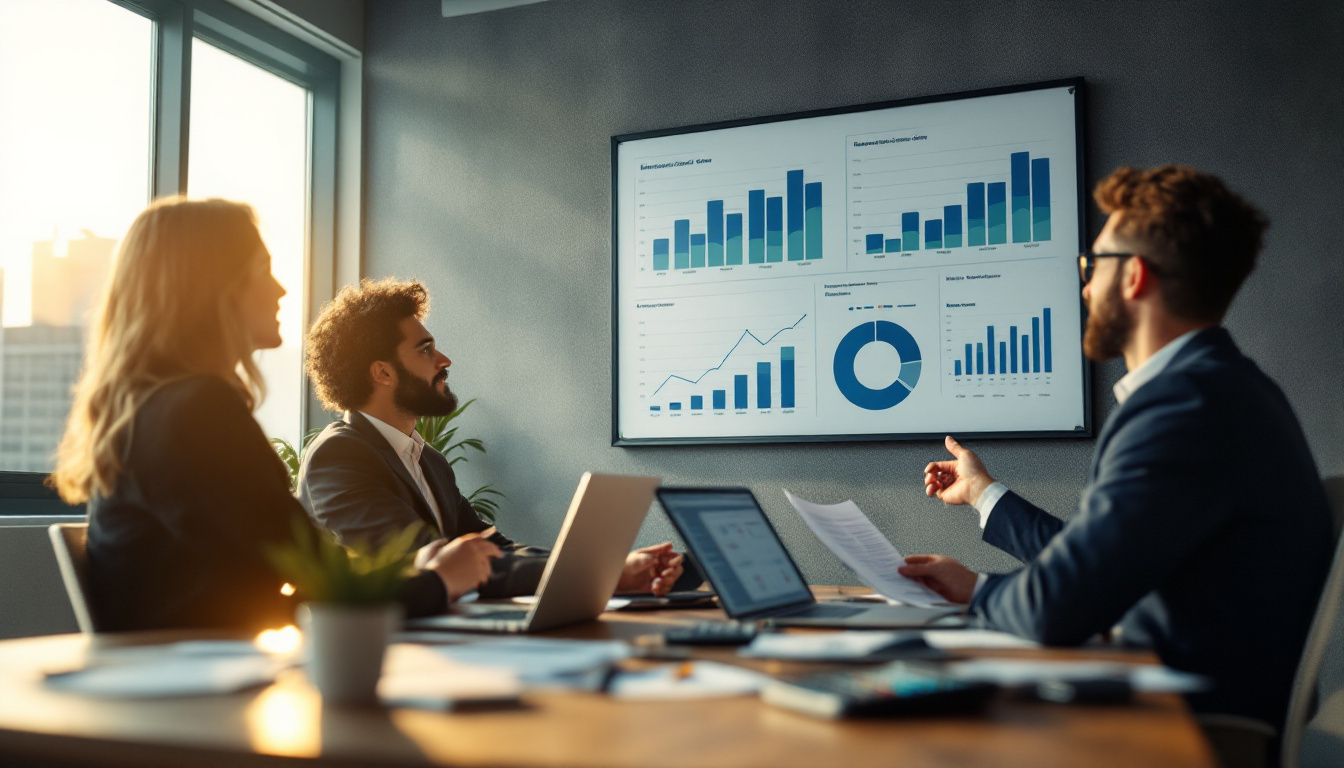 Empresários discutindo relatórios financeiros em um escritório moderno 2
