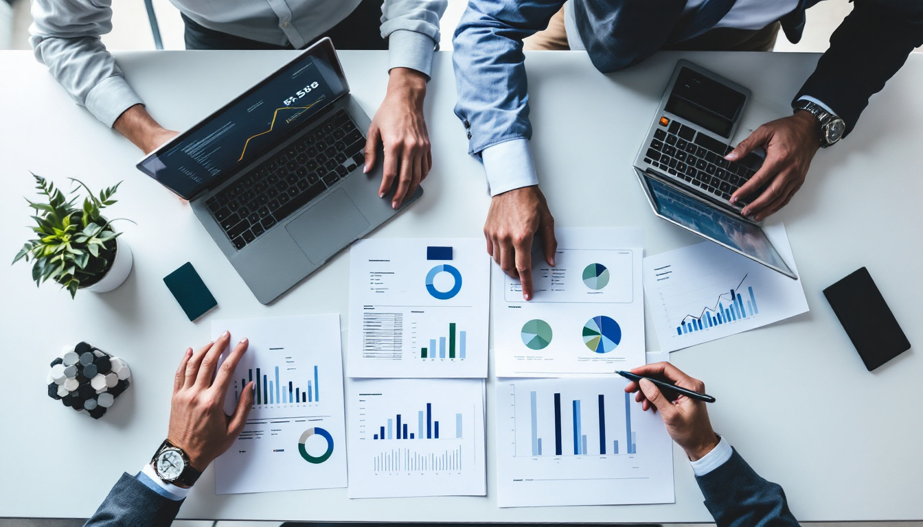 Empresários discutindo estratégias financeiras em um escritório moderno 2
