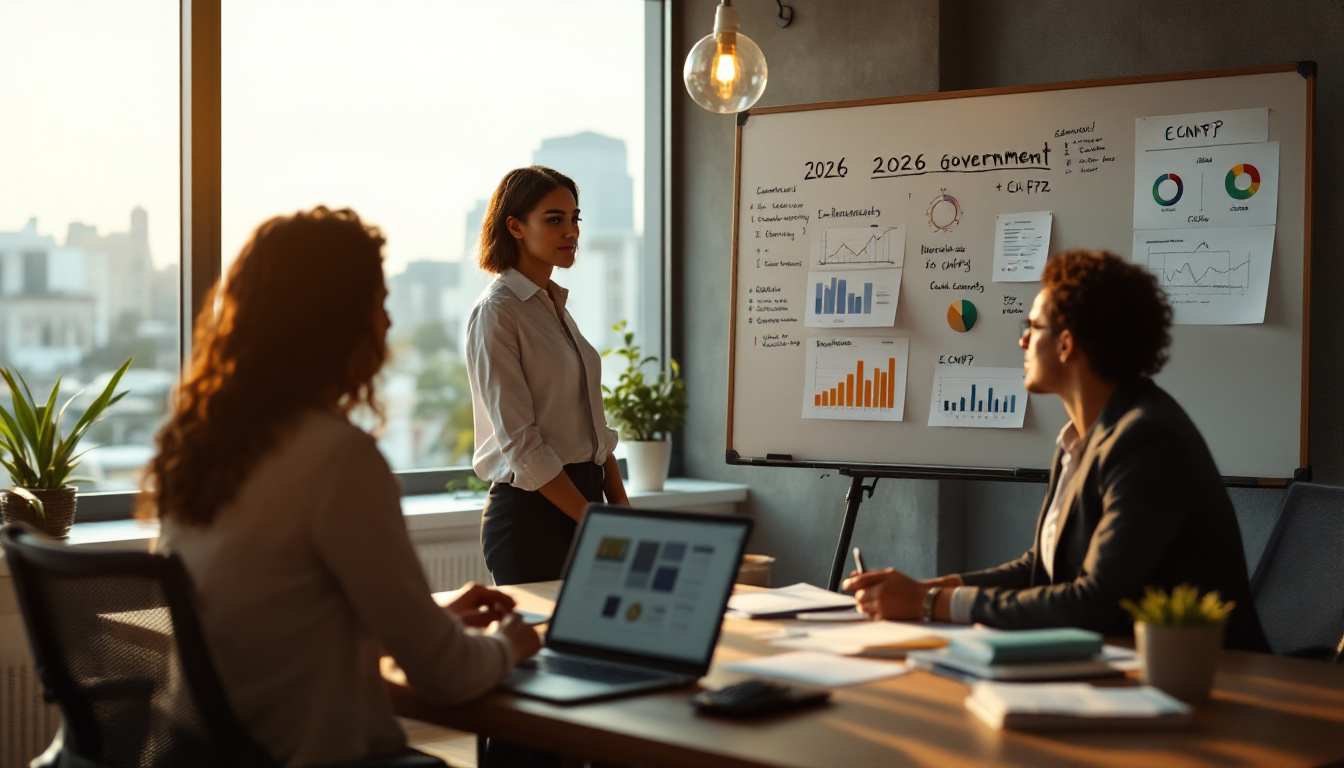 Empresários discutindo o novo programa governamental de 2026 em um escritório moderno. 2