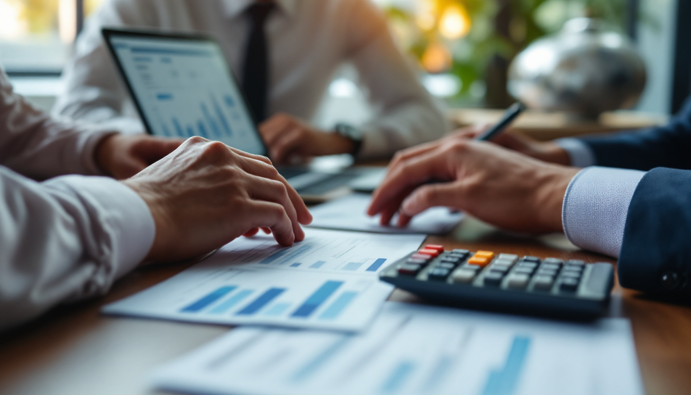 Empresário avaliando relatórios financeiros em um escritório moderno. 1