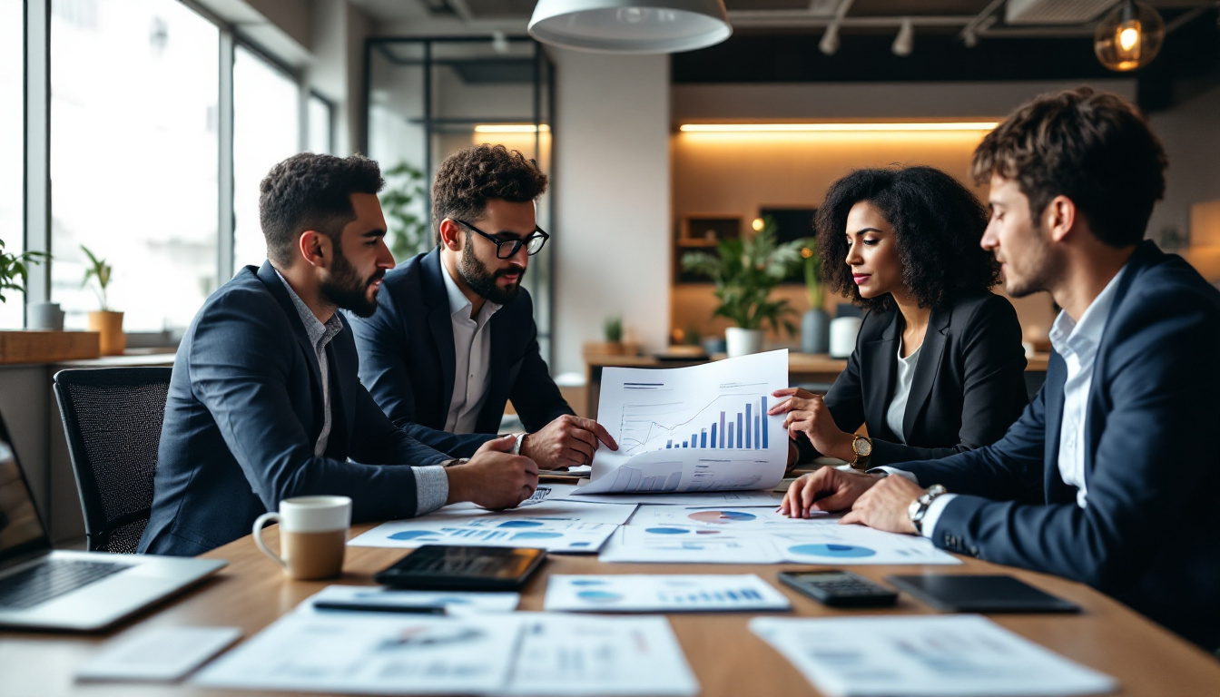 Empresário avaliando relatórios financeiros em um escritório moderno. 2