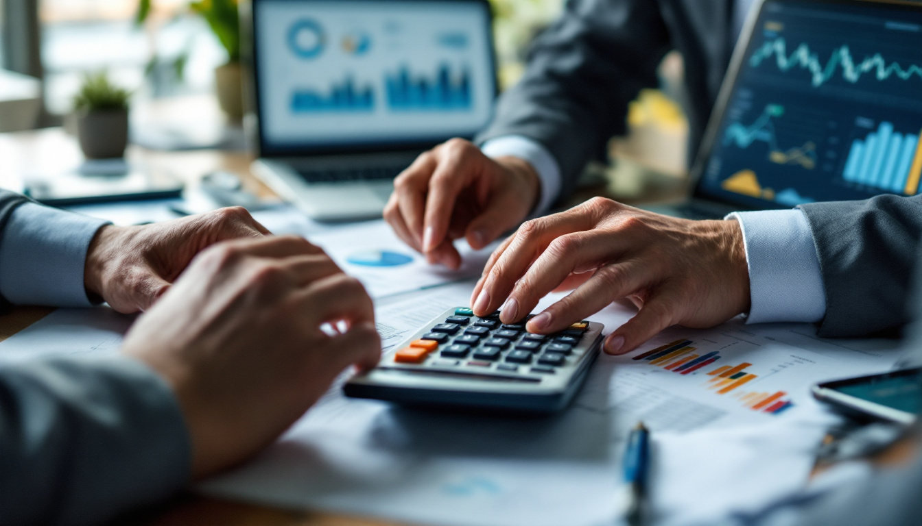 Contador revisando fluxo de caixa com gráficos e calculadora 2